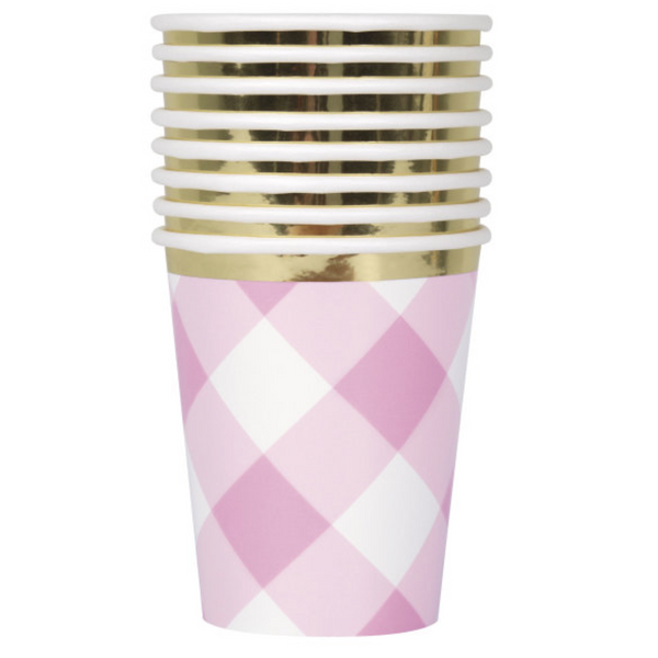 Pink Gingham 1st Birthday 9oz Paper Cups - Foil Board (8 Pack)