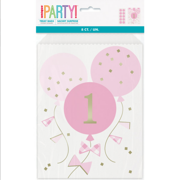 Pink Gingham 1st Birthday Paper Treat Bags (8 Pack)