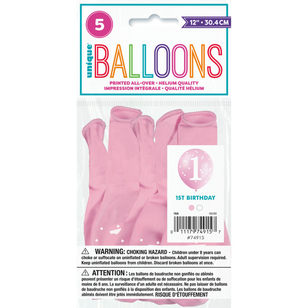 Pink Gingham 1st Birthday 12" Latex Balloons (5 Pack)
