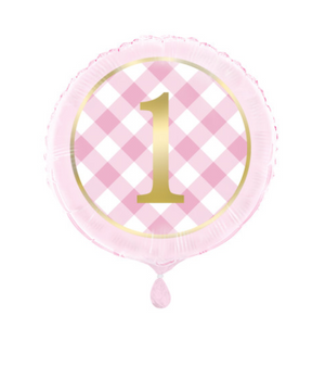 Pink Gingham 1st Birthday Round Foil Balloon ( 18")
