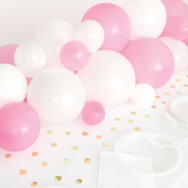 Pink White & Gold Balloon Garland Table Runner with Foil Confetti Cutouts