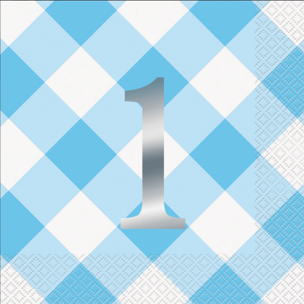 Blue Gingham 1st Birthday Luncheon Napkins - Foil Stamped (16 Pack)