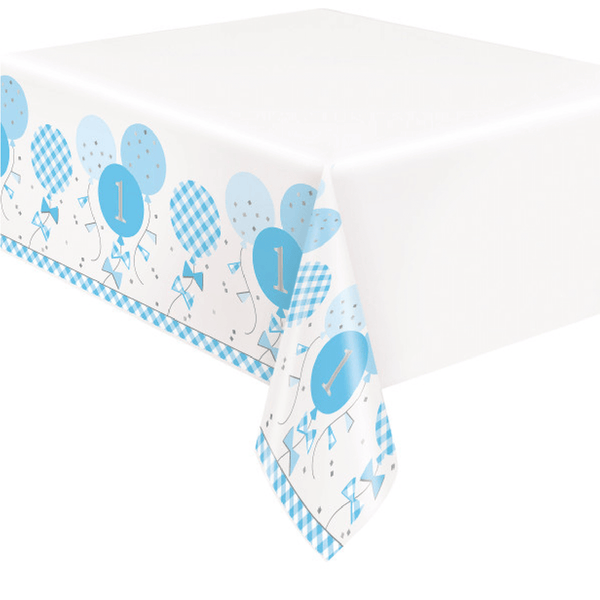 Blue Gingham 1st Birthday Rectangular Plastic Table Cover (54"x84")