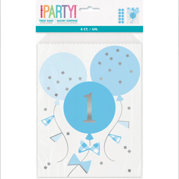 Blue Gingham 1st Birthday Paper Treat Bags (8 Pack)