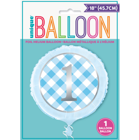 Blue Gingham 1st Birthday Round Foil Balloon ( 18")