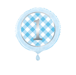 Blue Gingham 1st Birthday Round Foil Balloon ( 18")