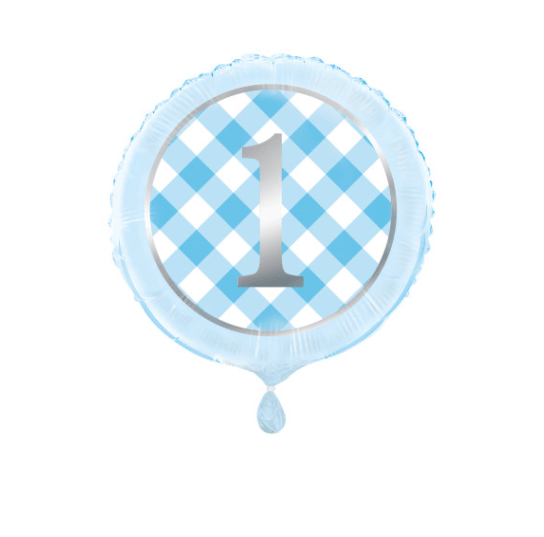 Blue Gingham 1st Birthday Round Foil Balloon ( 18")