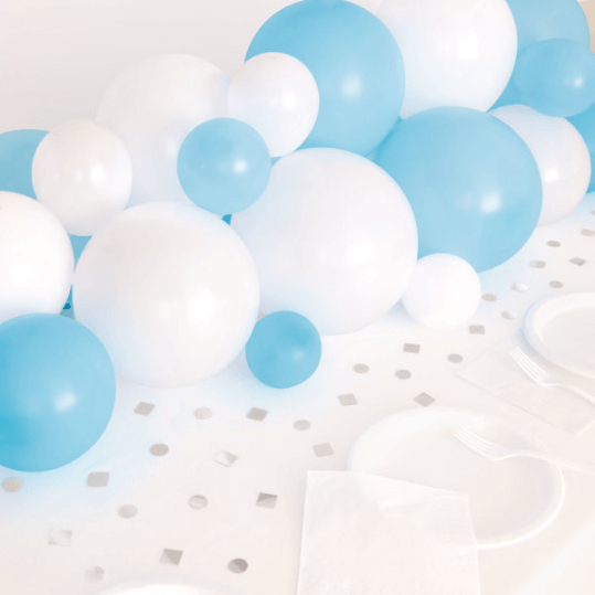 Blue, White & Silver Balloon Garland Table Runner with Foil Confetti Cutouts