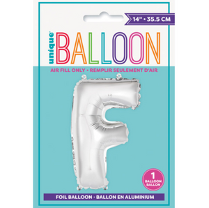 Silver Letter F Shaped Foil Balloon  Packaged (14")