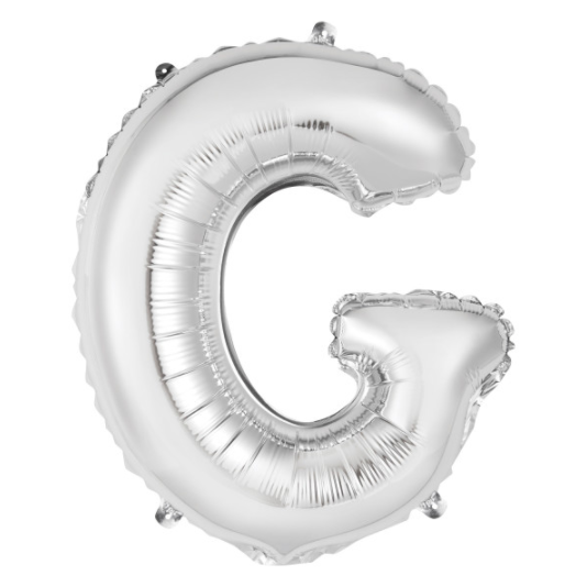 Silver Letter G Shaped Foil Balloon Packaged (14")