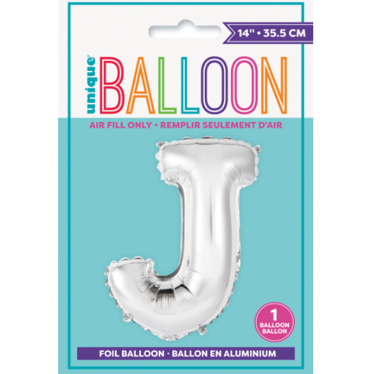 Silver Letter J Shaped Foil Balloon  Packaged (14")