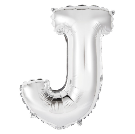 Silver Letter J Shaped Foil Balloon  Packaged (14")
