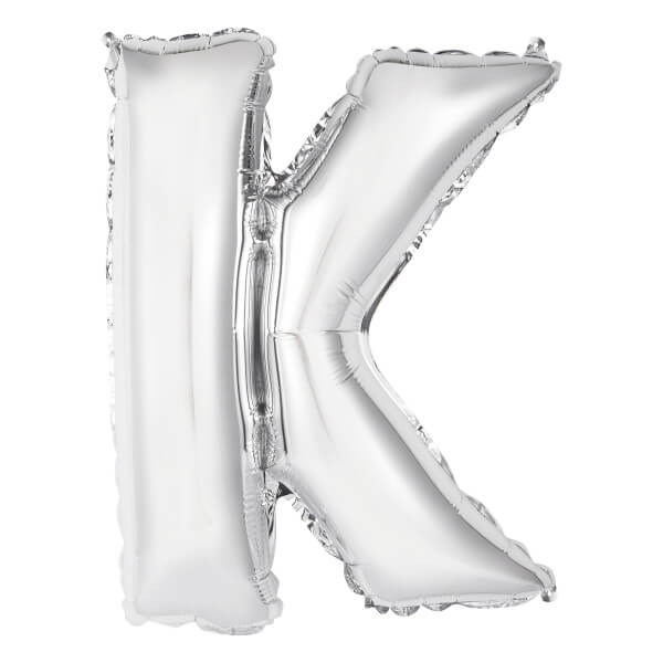 Silver Letter K Shaped Foil Balloon Packaged (14")