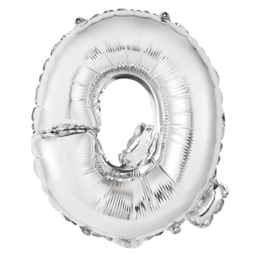 Silver Letter Q Shaped Foil Balloon Packaged (14")