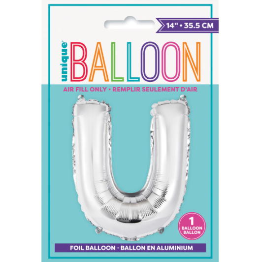 Silver Letter U Shaped Foil Balloon Packaged (14")
