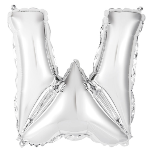 Silver Letter W Shaped Foil Balloon Packaged (14")