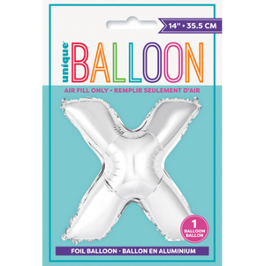 Silver Letter X Shaped Foil Balloon  Packaged (14")