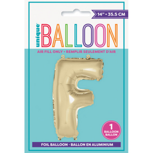 Gold Letter F Shaped Foil Balloon Packaged (14")