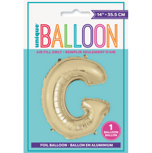 Gold Letter G Shaped Foil Balloon Packaged (14")