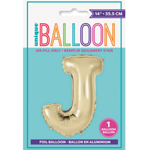 Gold Letter J Shaped Foil Balloon  Packaged (14")