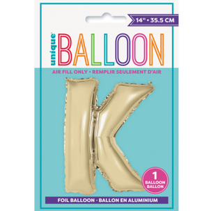 Gold Letter K Shaped Foil Balloon Packaged (14")