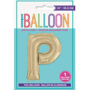 Gold Letter P Shaped Foil Balloon Packaged (14")