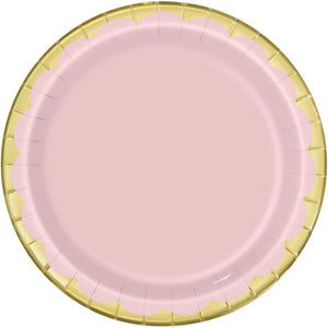 Pastel Pink and Gold Round 7" Dessert Plates - Foil Stamped (8 pack)
