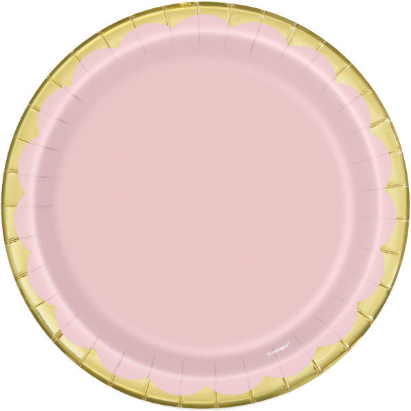 Pastel Pink and Gold Round 7" Dessert Plates - Foil Stamped (8 pack)