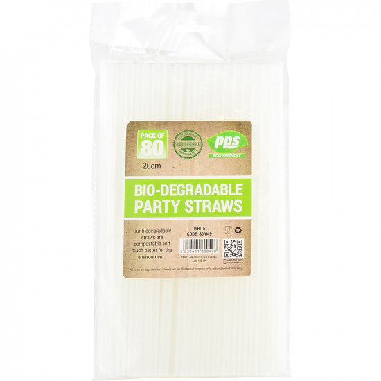 Bio Degradable Plastic Party Straws  - White (80 Pack)