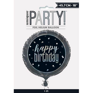 Glitz Black & Silver Round Foil Balloon Packaged ""Happy Birthday"" (18"")
