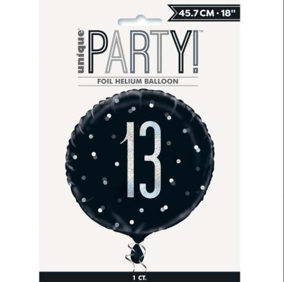 Birthday Black & Silver Glitz Number 13 Round Foil Balloon (18")