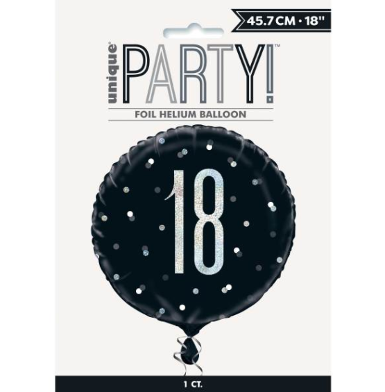 Birthday Black & Silver Glitz Number 18 Round Foil Balloon - ( 18")