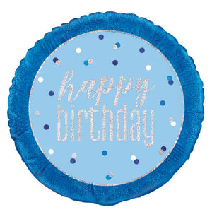 Glitz Blue & Silver Round Foil Balloon Packaged "Happy Birthday" (18")