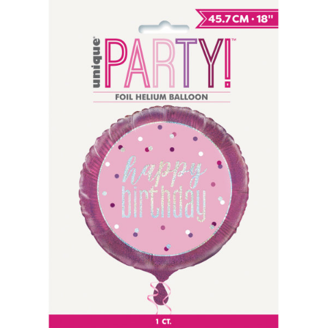 Glitz Pink & Silver Round Foil Balloon Packaged ""Happy Birthday"" (18"")