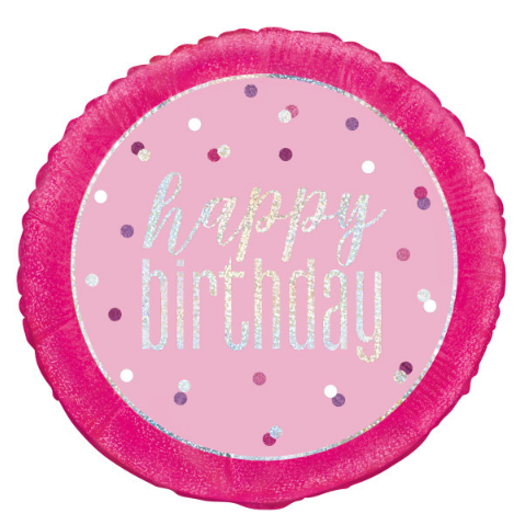 Glitz Pink & Silver Round Foil Balloon Packaged ""Happy Birthday"" (18"")