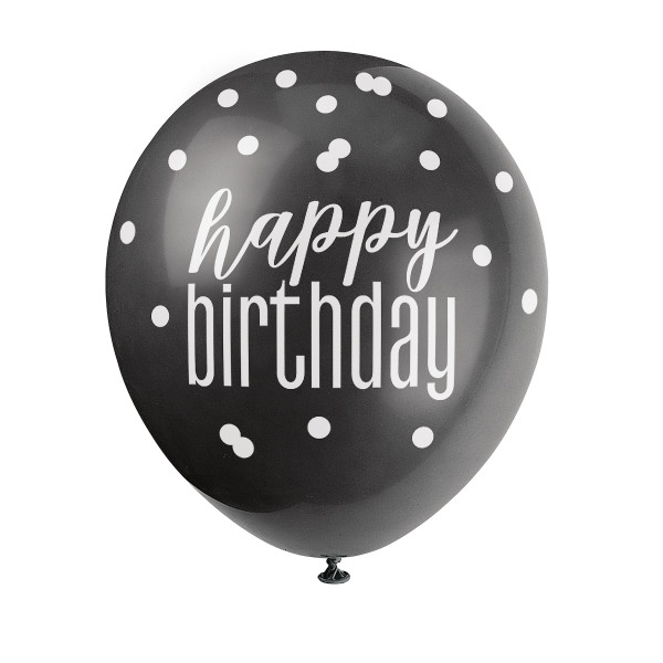 12" Glitz Black, Silver, & White Latex Balloons "Happy Birthday" (6 Pack)