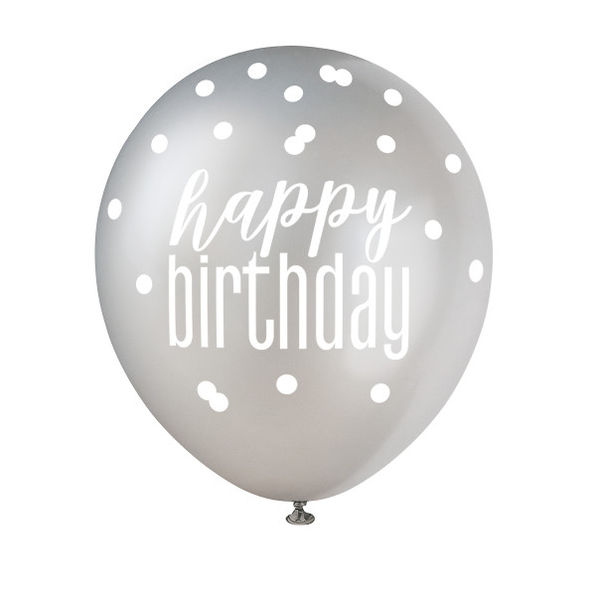 12" Glitz Black, Silver, & White Latex Balloons "Happy Birthday" (6 Pack)