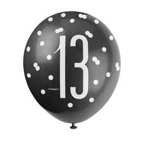 12" Birthday Black Glitz Number 13 Latex Balloons (6 Pack)