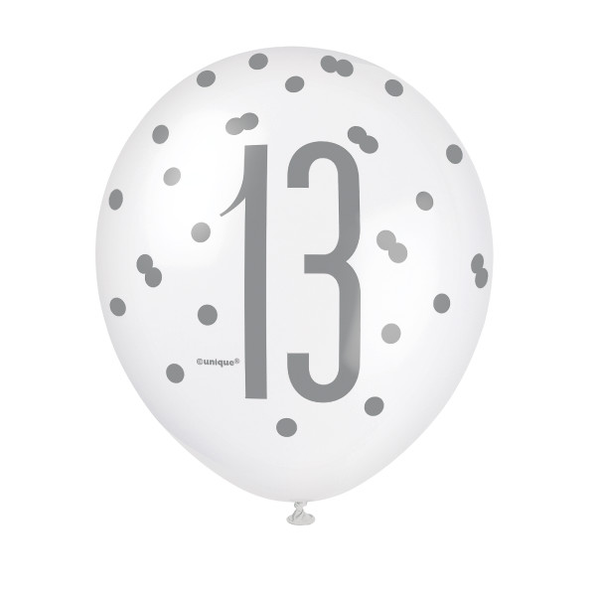 12" Birthday Black & Silver Glitz Number 13 Latex Balloons (6 Pack)