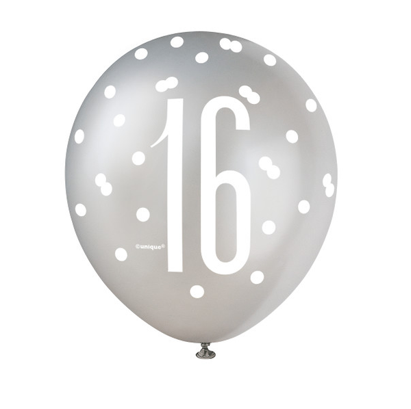 12" Glitz Black, Silver, & White Latex Balloons Aged 16 (6 Pack)