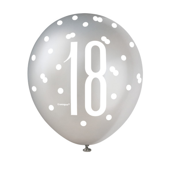 Birthday Black & Silver Glitz Number 18 12" Latex Balloons, (6 Pack)
