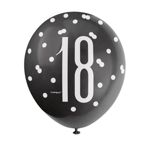 Birthday Black Glitz Number 18 12" Latex Balloons, (6 Pack)