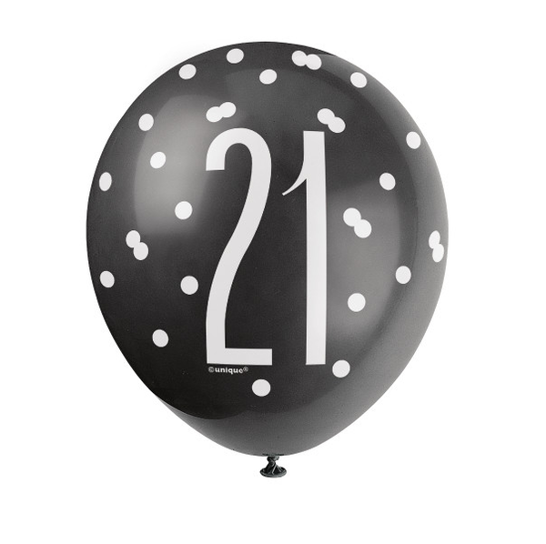 12" Birthday Black Glitz 'Number 21' Latex Balloons (6 Pack)
