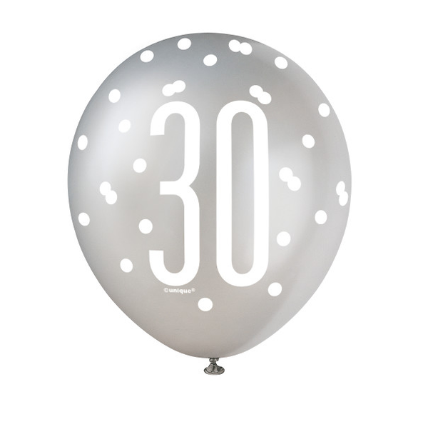 12" Glitz Black, Silver, & White Latex Balloons 30 (6 Pack)