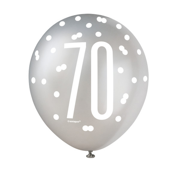 12" Glitz Black, Silver, & White Latex Balloons 70 (6 Pack)