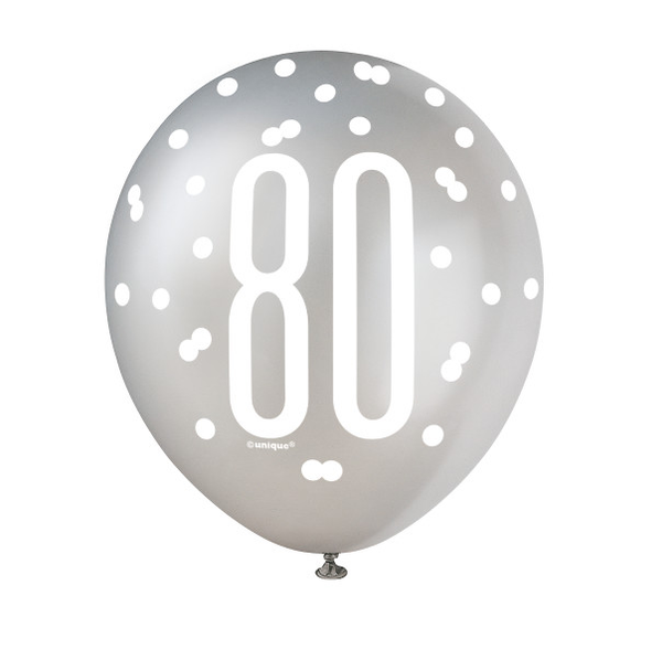 12" Glitz Black, Silver, & White Latex Balloons 80 (6 Pack)
