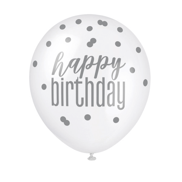 12" Glitz Light Blue, Royal Blue, & White Latex Balloons "Happy Birthday" (6 Pack)