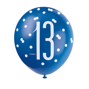 12" Birthday Blue Glitz Number '13' Latex Balloons (6 Pack)