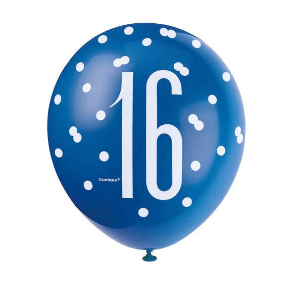 12" Glitz Light Blue, Royal Blue, & White Latex Balloons 16th (6 Pack)