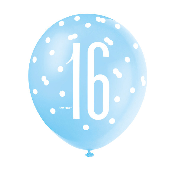 12" Glitz Light Blue, Royal Blue, & White Latex Balloons 16th (6 Pack)